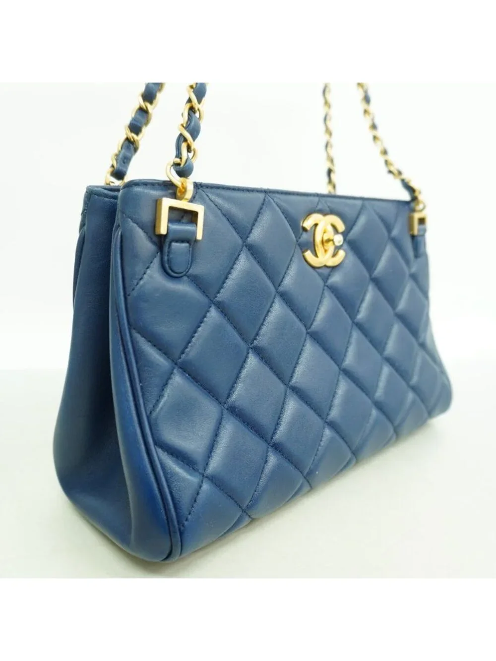 Chanel Shoulder Bag Quilted Lambskin Blue Gold